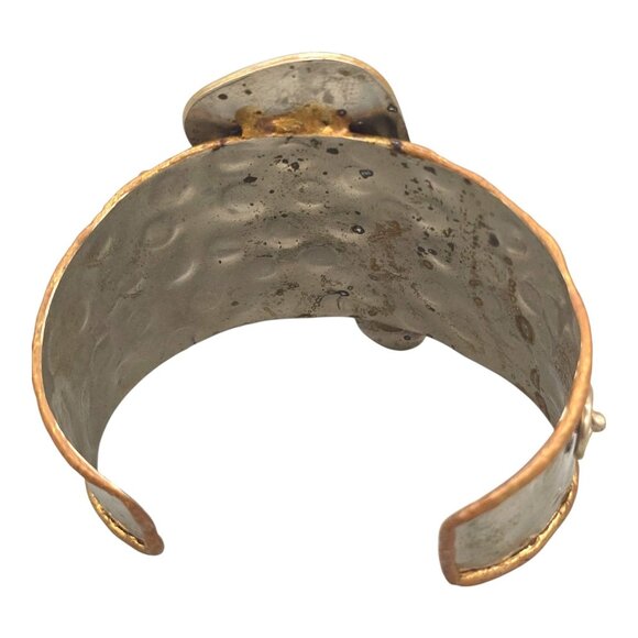 Turquoise Modernist Brutalist Mixed Metal Cuff Bracelet Bronze Copper Silver - Picture 2 of 11